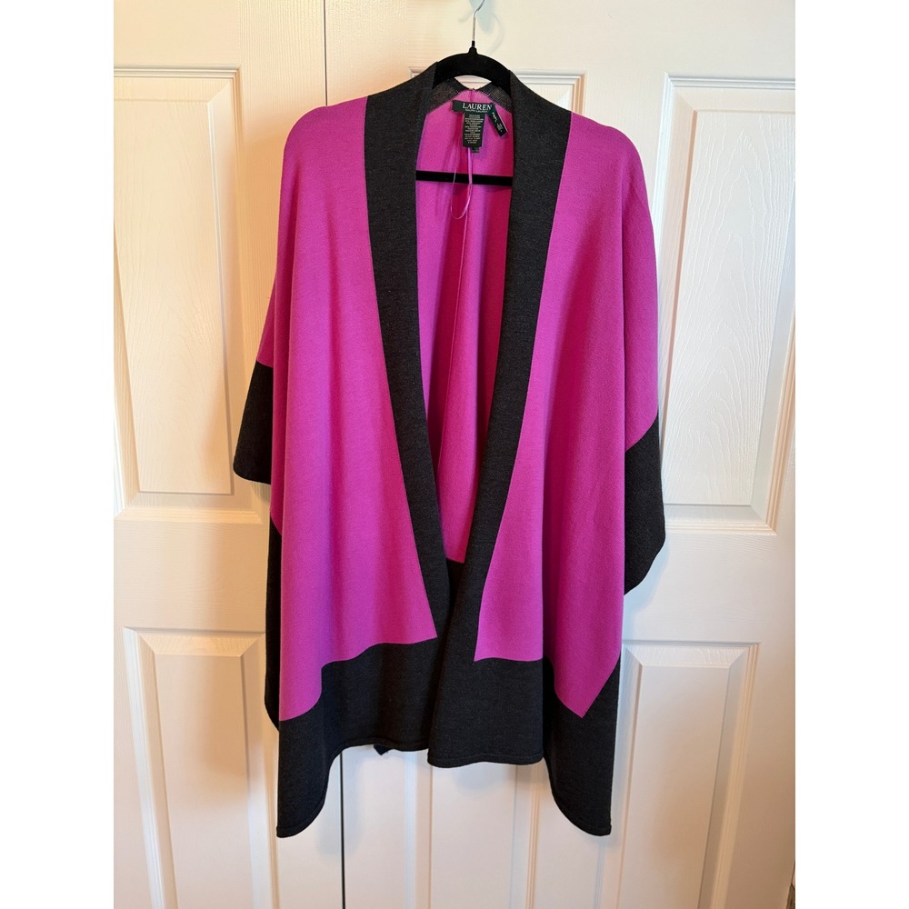 Lauren Ralph Lauren Magenta Pink Colorblock Wool Blend Poncho Wrap PM/PL